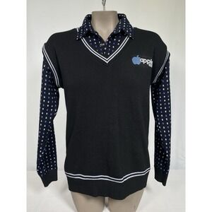 Apple Computers Classic Logo V-Neck Solid Black Wool Sweater Women's MEDIUM